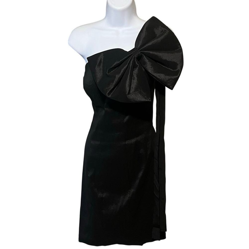 VTG Mac Duggal Couture Sz 6 One Shoulder Bow Cocktail Dress Black Mini Hoco Prom